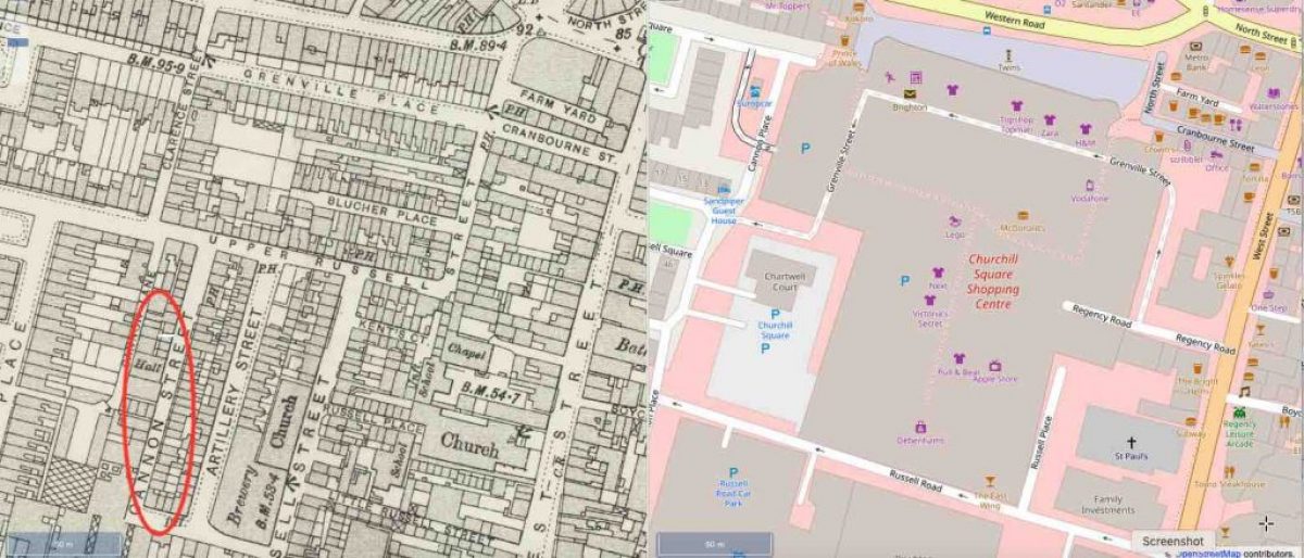 The map on the left is Ordnance Survey 25 inch 1892 - 1914. The area circled in red shows the location of this street. That on the right is Open Street Map in 2019. These maps are reproduced with the permission of the National Library of Scotland and are of the same area to the same scale.