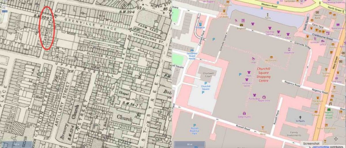 The map on the left is Ordnance Survey 25 inch 1892 - 1914. The area circled in red shows the location of this street. That on the right is Open Street Map in 2019. These maps are reproduced with the permission of the National Library of Scotland and are of the same area to the same scale.